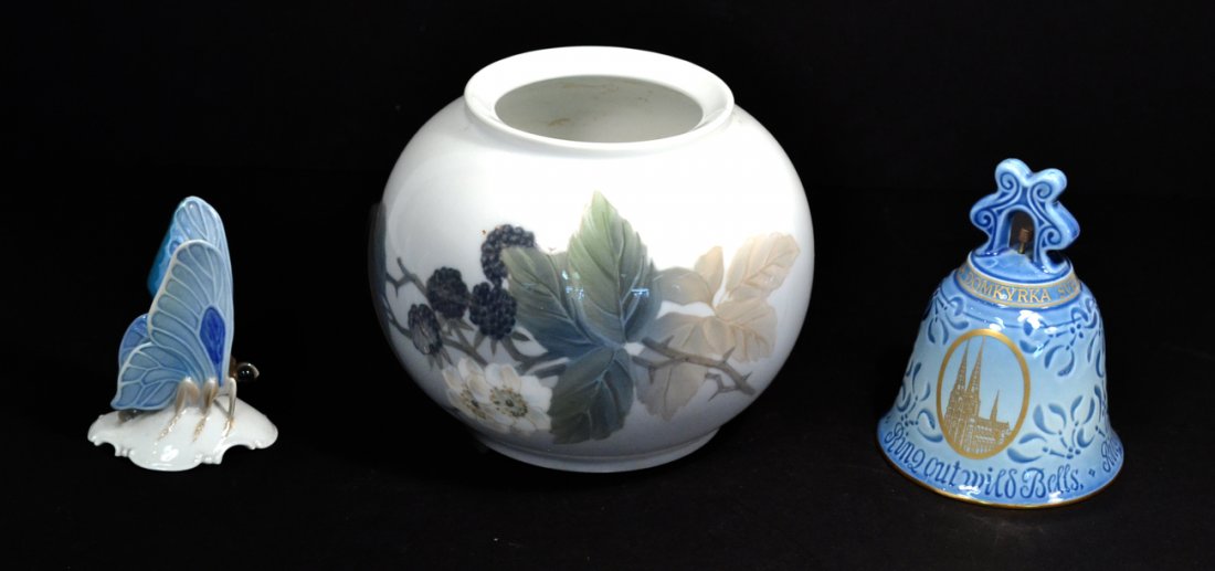 Three Porcelain Decorations: Comprises Royal Copenhagen vase, B&G bell, and Rosenthal butterfly. [Vase: 6" H]. Good condition.