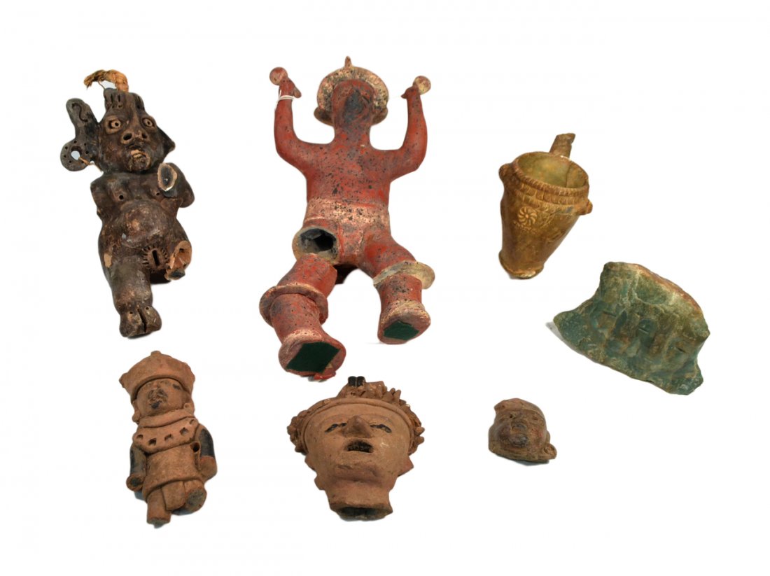 Assorted Pre-Columbian Artifacts: Pre-Columbian and other mesoamerican ceramic & stone artifacts. Various ages. 7 pieces. [Largest: 13 1/2" H]. Sold "as is".