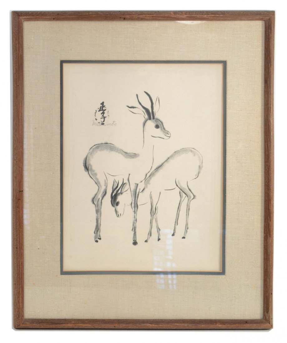 Matsumoto, Watercolor - Two Deer: Study of two young deer at play. [Art: 15 1/2" x 11 3/4"; Frame: 24 1/2" x 19 1/2"]. Some light adhesive stains around perimeter framed and matted under glass.