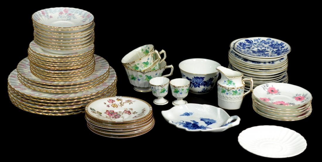 Group of Assorted Porcelain Tableware: Includes Minton, Royal Crown Derby, Hammersley, Wedgwood, and Royal Copenhagen. Most in good condition.