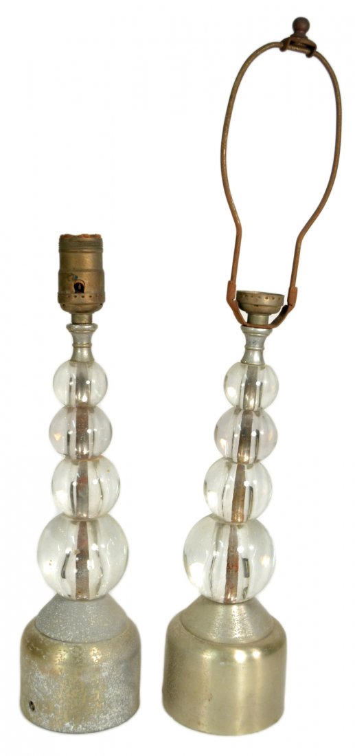 Pair of 1940's Moderne Lamps: Each with four graduated colorless glass balls on silver metal base. Oxidized and pitted metal, otherwise in good condition. [Height to socket: 12 3/4"].