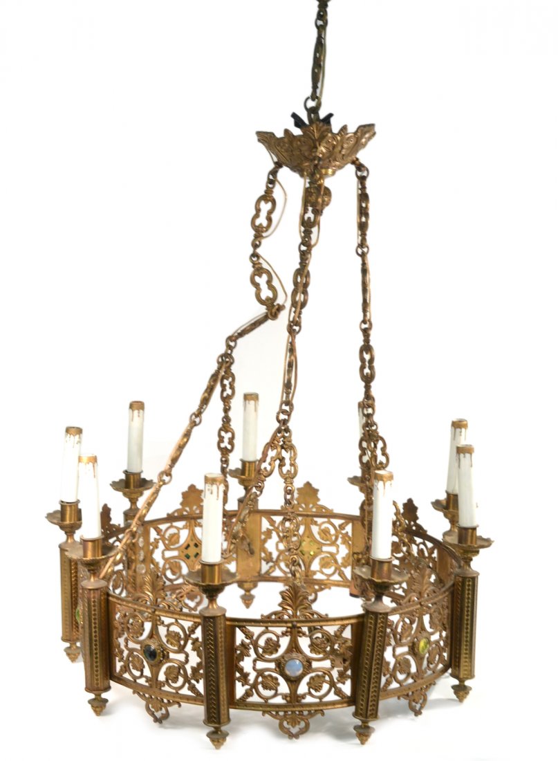 9 Light Gothic Fixture: Gothic fixture having a pierced & jeweled frame. [31" H x 22" D].
