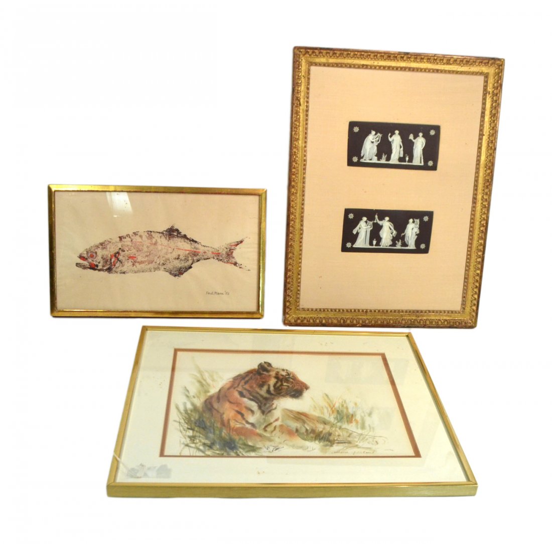 Three Framed Works: Comprises: 1.) Watercolor depicting a recumbant tiger signed lower right "Athena Gillibrand. 2.) Impression of a fish signed lower right "Karl Mann '56". 3.) Framed Wedgwood basalt plaques. [Largest f