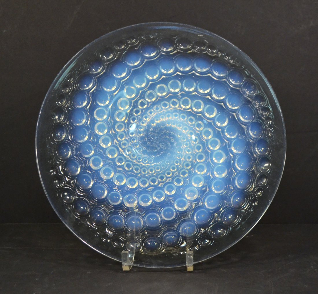 R. Lalique Art Glass Plate: Molded circular plate with swirling opaline bubbles. [10 5/8" D]. Good condition.
