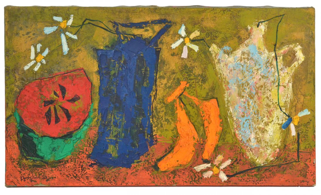 Jean-Claude Dragomir - Encaustic Canvas: Encaustic on canvas "Nature Morte 55". Abstract composition with fruit, flowers, and vessels. Signed lower left "J. Dragomir 58". [Art: 28" x 16"; unframed]. Verso signed and titled. Soiling.