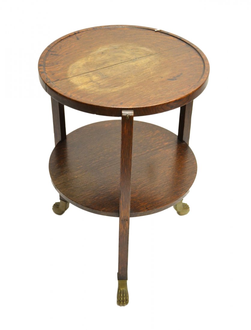 Pair of Two-Tier Oak Tables: Pair of two-tier oak tables. One has a water stain on top, the other has some wear.