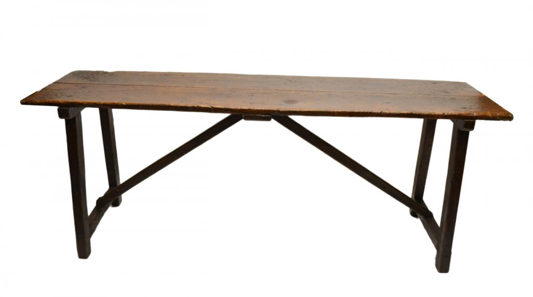 Pine Trestle Table: Base is oak with through-tenon construction. Top bears hand-made nails. All antiques components. [82 1/2" x 23" x 31" H]. Good condition.