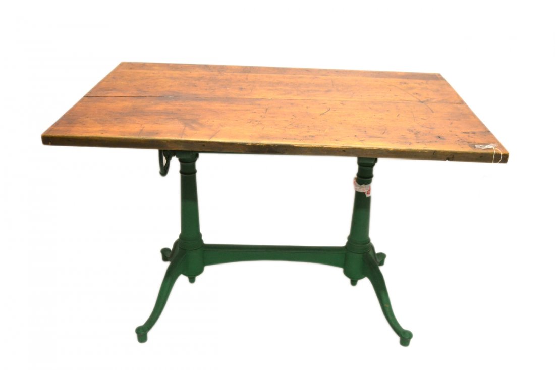 Industrial Architect's Table: Green iron base and wood top. [48" D x 32 1/2" D x 31 1/2" H].
