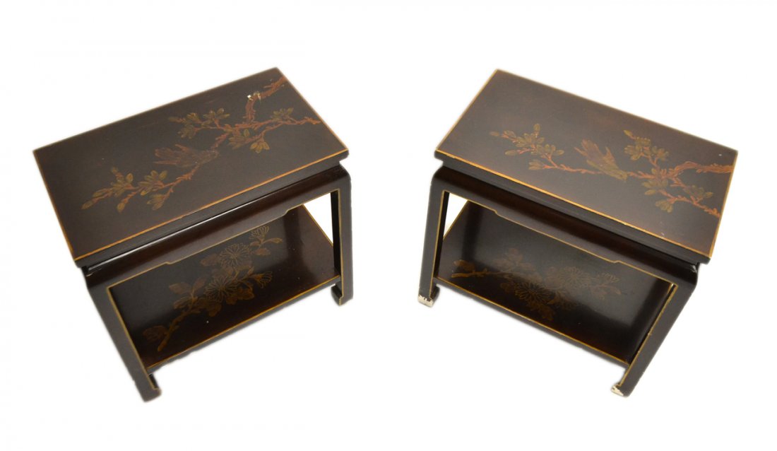 Pair of Chinoiserie Tables: Pair of two-tier chinoiserie tables. [19 3/4" W x 12" D x 20" H]. Good condition.
