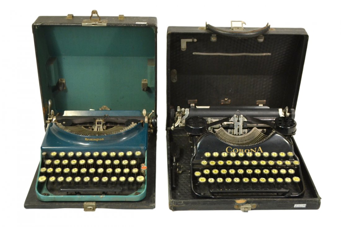 Two Vintage Typewriters: Corona and Remington. Comprises: 1.) L.C. Smith & Corona typewriter, serial #3102704, all keys functional [letter "f" sticks]. In original travel case with leather handle. 2.) Remington typewriter, no