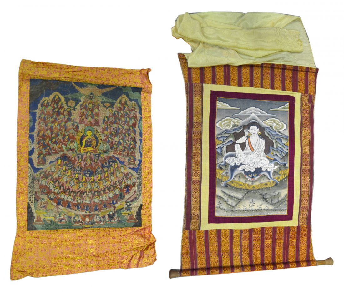Two Vintage Asian Buddhist Scrolls: Comprises: 1.) Thangka on textile representing the Buddha surrounded by over 100 disciples and various deities. [Image: 13" x 31"; on embroidered silk scroll: 29" x 46"]. Wear throughout, sold "as is"