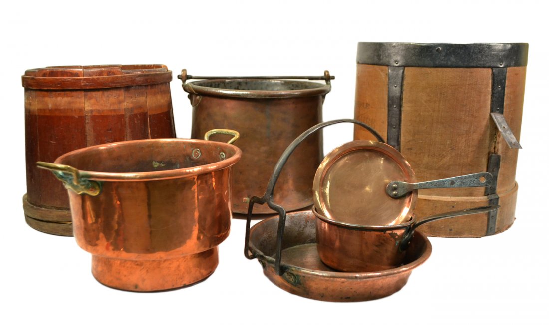 Antique and Vintage Buckets & Pots: Comprises: 1.) Shaker-type wood bucket tapering to top with bent wood bands. [12" D x 11 1/4" H]. 2.) Bent wood bucket with iron fittings and cross-strut stenciled "double decalitre" on side. [12 3/4"
