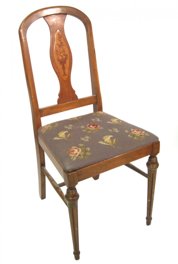 Inlaid Side Chair: Urn and floral inlaid back. Needlepoint seat. [Back: 36" H x 16 1/2" L x 18" H to seat].