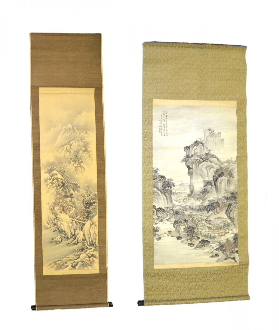Vintage Scrolls - Mountaintop Retreats: Comprises: 1.) Mountaintop temple complex with figures on footbridge over a stream and Shinto shrines in background. Signed and inscribed calligraphically at top left with two red stamps. [Art: 26" x 
