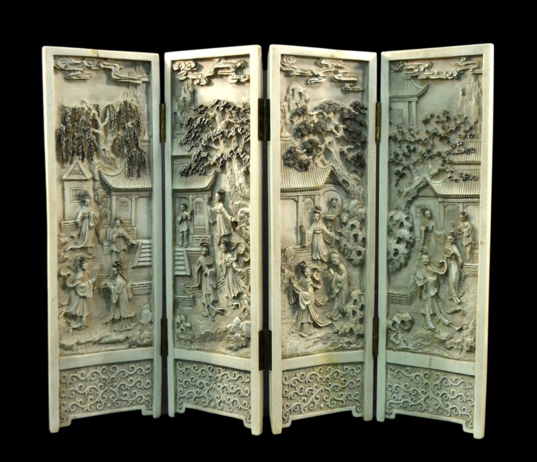 Antique Chinese Ivory 4-Panel Screen: 19th century engraved and carved table screen depicts low relief carved woman in landscape. The exterior engraved and stained with landscape studies and inscriptions. [Each panel: 4 1/2" W x 14 3/4" L