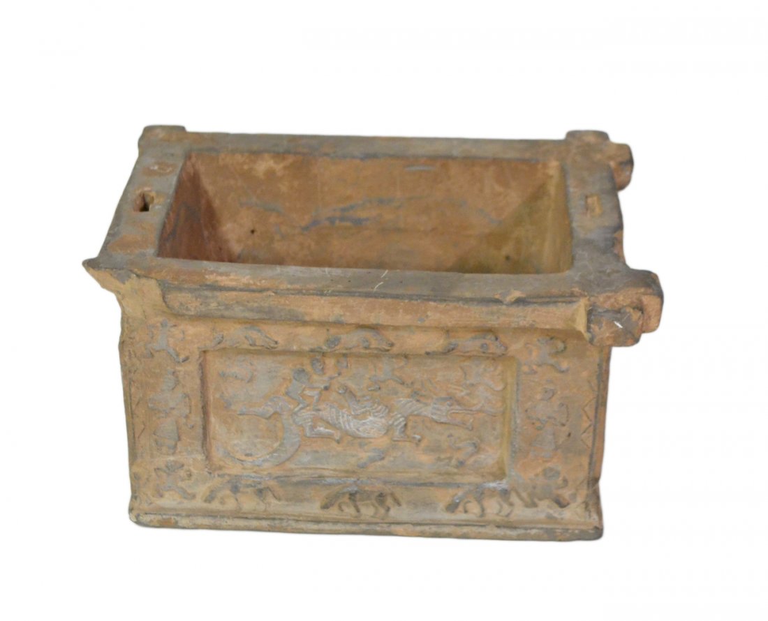 Han Dynasty Well Head: The gray pottery molded rectangular well head with recessed molded panels. From the Estate of Fong Chow, former curator of Asian Decorative Arts at the Metropolitan Museum of Art, New York. [8 3/4" W