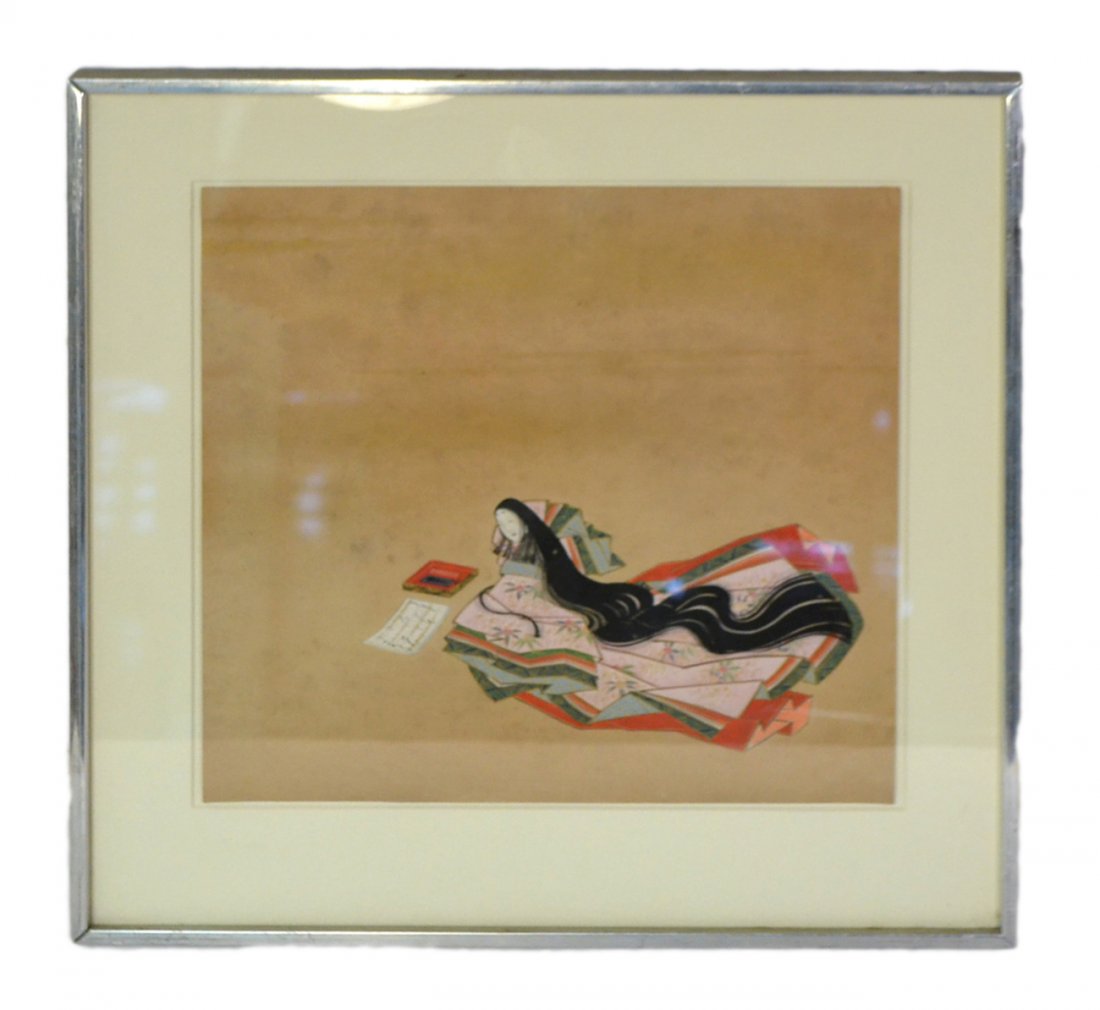 Early Japanese Watercolor, Poetry Theme: Antique watercolor with gilding depicts a poet with flowing hair and robes seated near calligraphy case and pages. From the Estate of Fong Chow, former curator of Asian Decorative Arts at the Metropol
