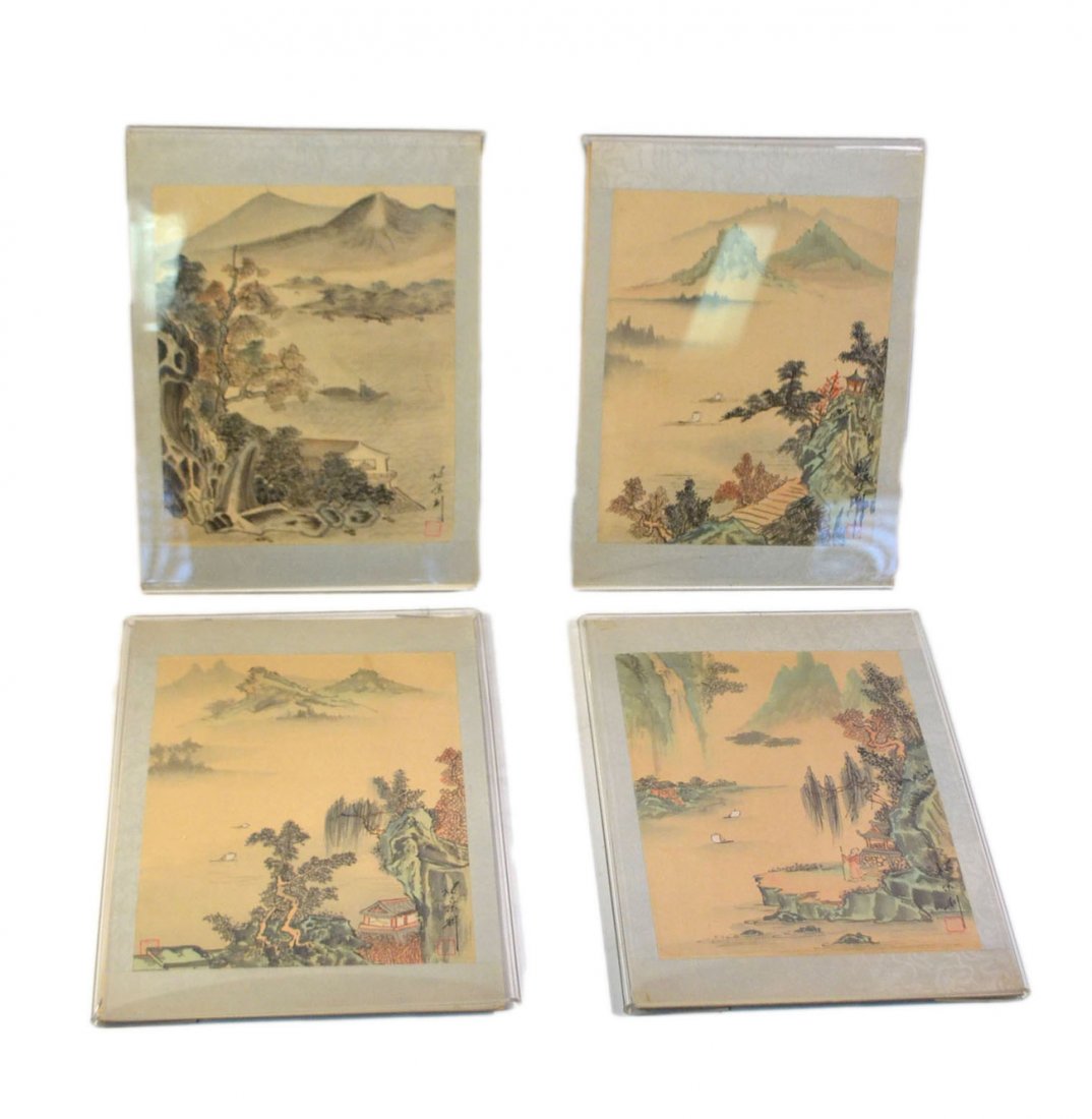 Set of 4 Chinese Watercolors on Silk: Each depicting a peaceful landscape with architectural elements and boats. Some age-toning; otherwise good condition. [Art: 9 1/4" x 7 1/2"; Frame: 12 1/4" x 9"].