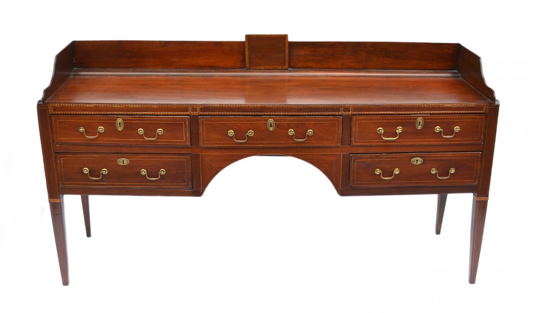Antique American Sideboard: Antique Hepplewhite sideboard with a gallery and five drawers. [71" W x 21" D x 38 1/2" H]. Splits on both sides.