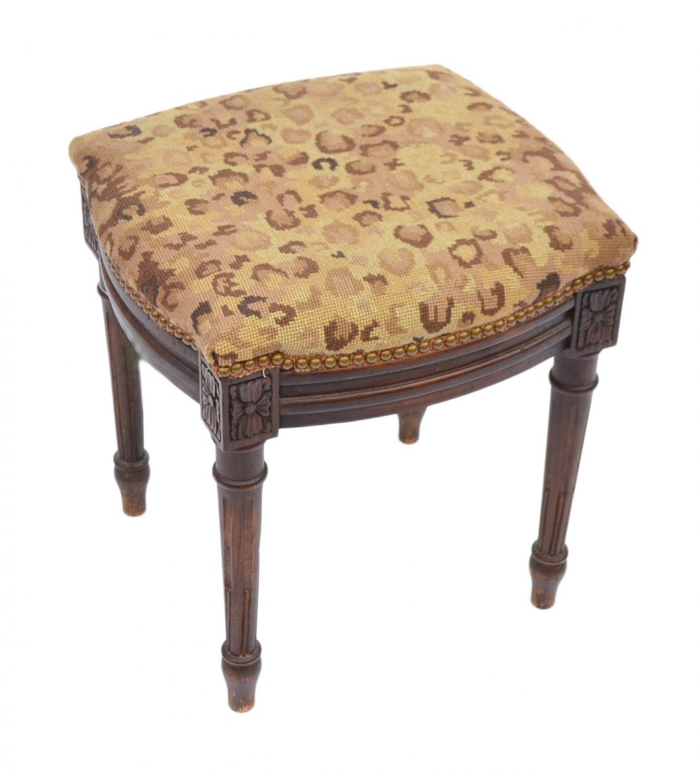 Louis XVI-Style Bench: French walnut needlepoint upholstered bench. [15" x 15" x 18" H]. Good condition.