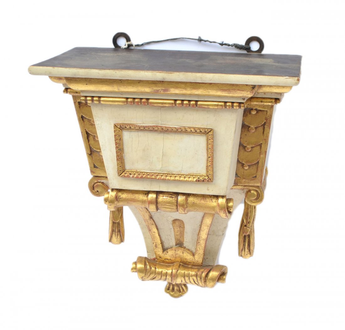 Hollywood Empire-Style Wall Bracket: Features carved gilt wood elements against creme painted support. [16 1/4" W x 10" D x 18 1/2" H]. Complete, wear throughout.