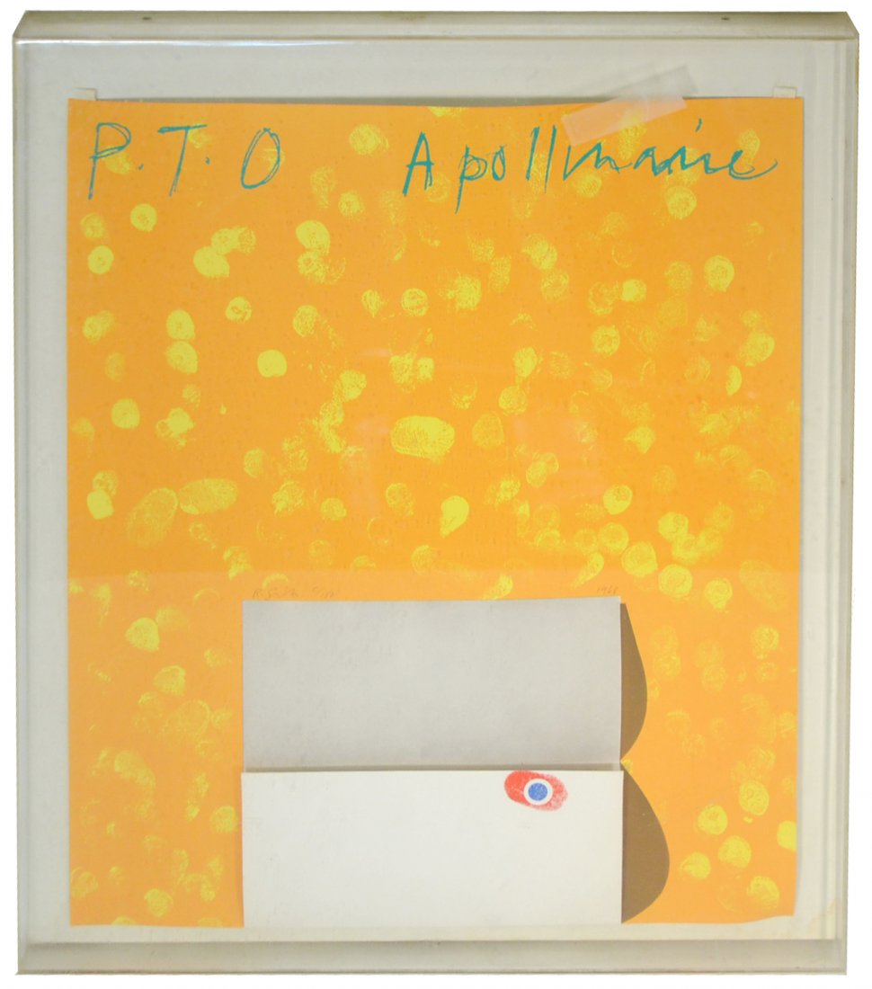 Richard Smith "P.T.O. Apollinaire": Color silkscreen with fold-over entitled "P.T.O. Apollinaire". Signed in image "R. Smith, 5/150, 1968". Mounted in Plexiglas box. Not examined out of frame. [Art: 20" x 17"].