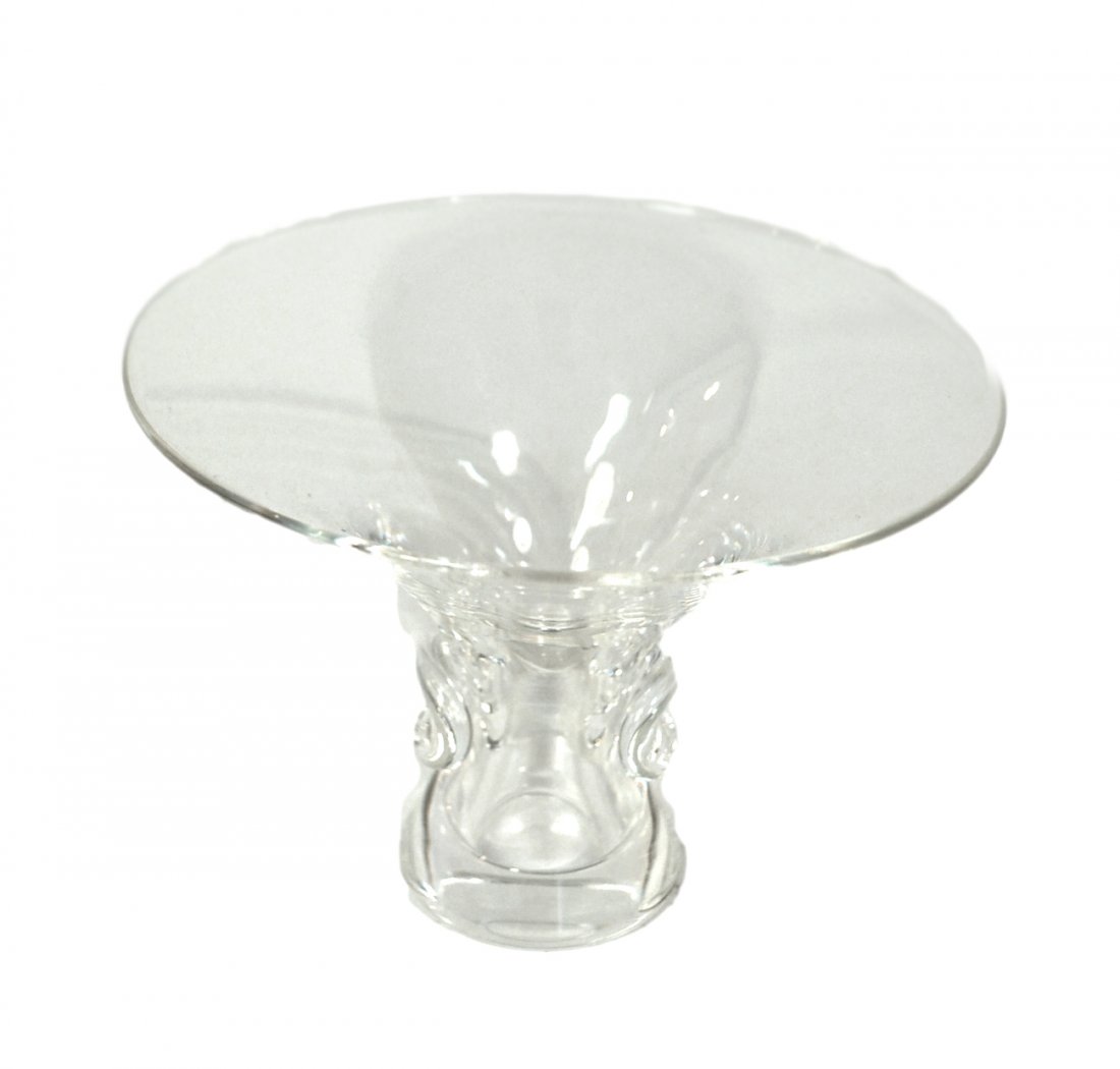 Steuben Glass Flared Vase: The colorless flare-form with applied decoration at waist and signed on base. [6 1/4" Dia x 5" H]. Good condition.