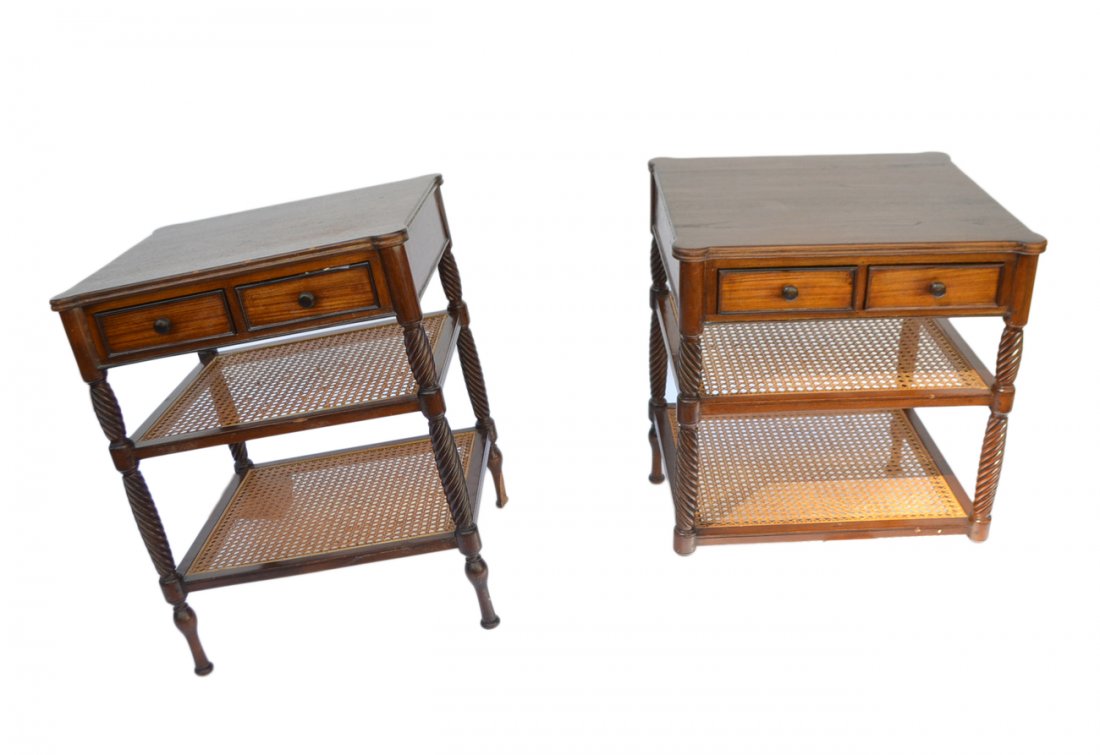 Pair of Oak 3-Tier Tables: Each having two caned tiers. [21" x 23" x 28 1/2" H]. Missing two legs.