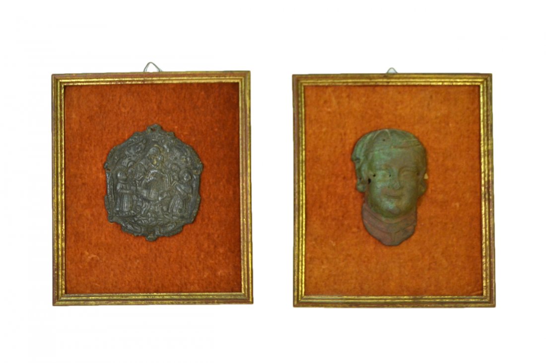 Two Antique European Miniature Bronzes: Comprises: 1.) Cast and chased Spanish Colonial depiction of Madonna & Child holding milagros and flanked at bottom by two saints (likely Dominic and Francis). Marked in background at upper left "1782