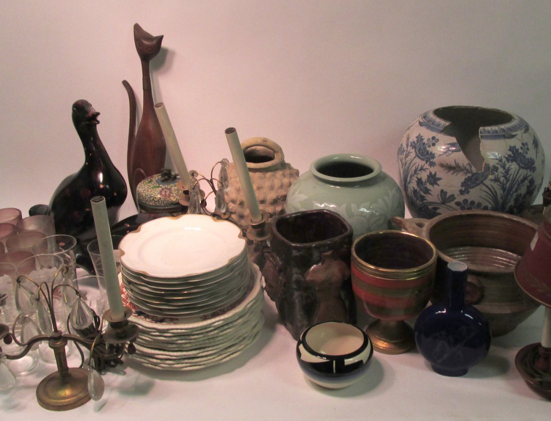 Group of Assorted Decorations: Includes 5 lamps, set of Limoges luncheon plates, Spode Imari pattern dinner plates, glass, ceramic, and more. 50+ pieces. Multiple defects. [Tallest: 13" H]. All sold "as is".