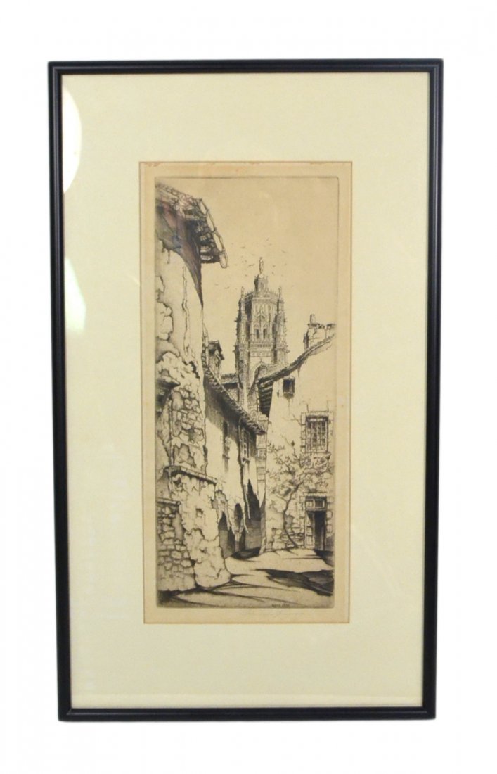 John Taylor Army, Courtyard: A framed etching of a courtyard "Rodeo 1926". [10 1/2" x 18" overall dimensions].