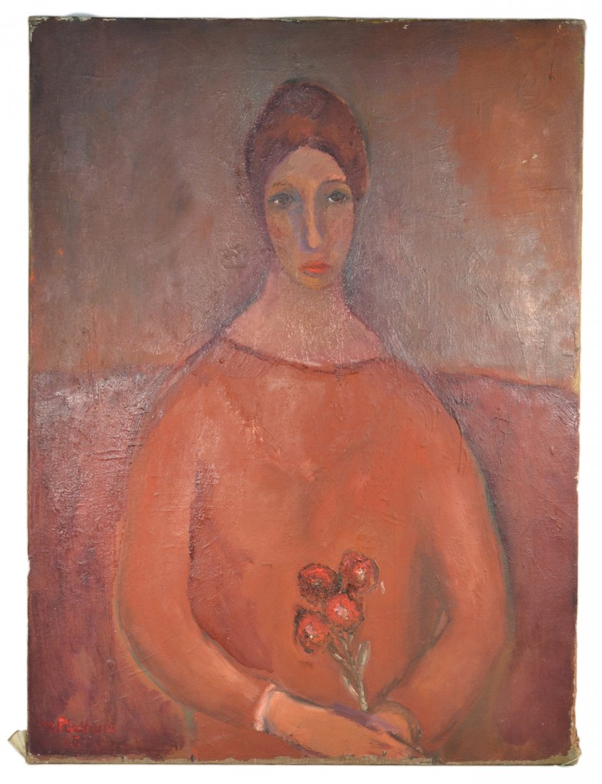 Maxine Richaud, Oil on Canvas - Portrait: Waist-length depiction of a woman in a full profile pose holding a small bouquet of flowers. Signed bottom left "M. Richaud/68". [Art: 23 1/2" x 31 1/2"]. Unframed. Soiling and wear at edges. Accompan