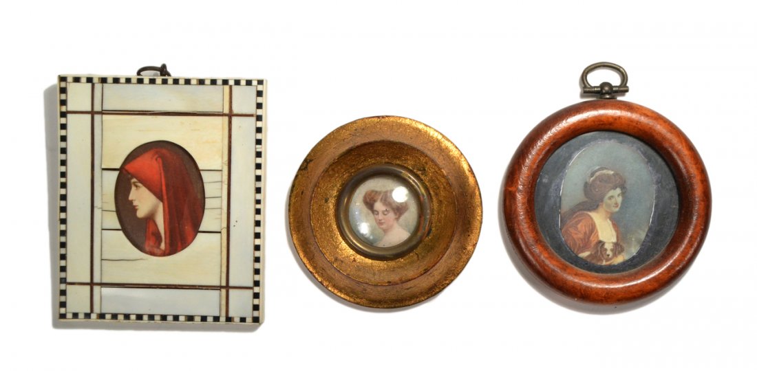 Three Antique Miniatures - Women: Comprises: 1.) A small circular portrait of an Edwardian lady; 2.) Turn of century portrait of a lady with dog in 18th century dress; 3.) Woman draped in red scarf. Paintings in good condition. Bone f