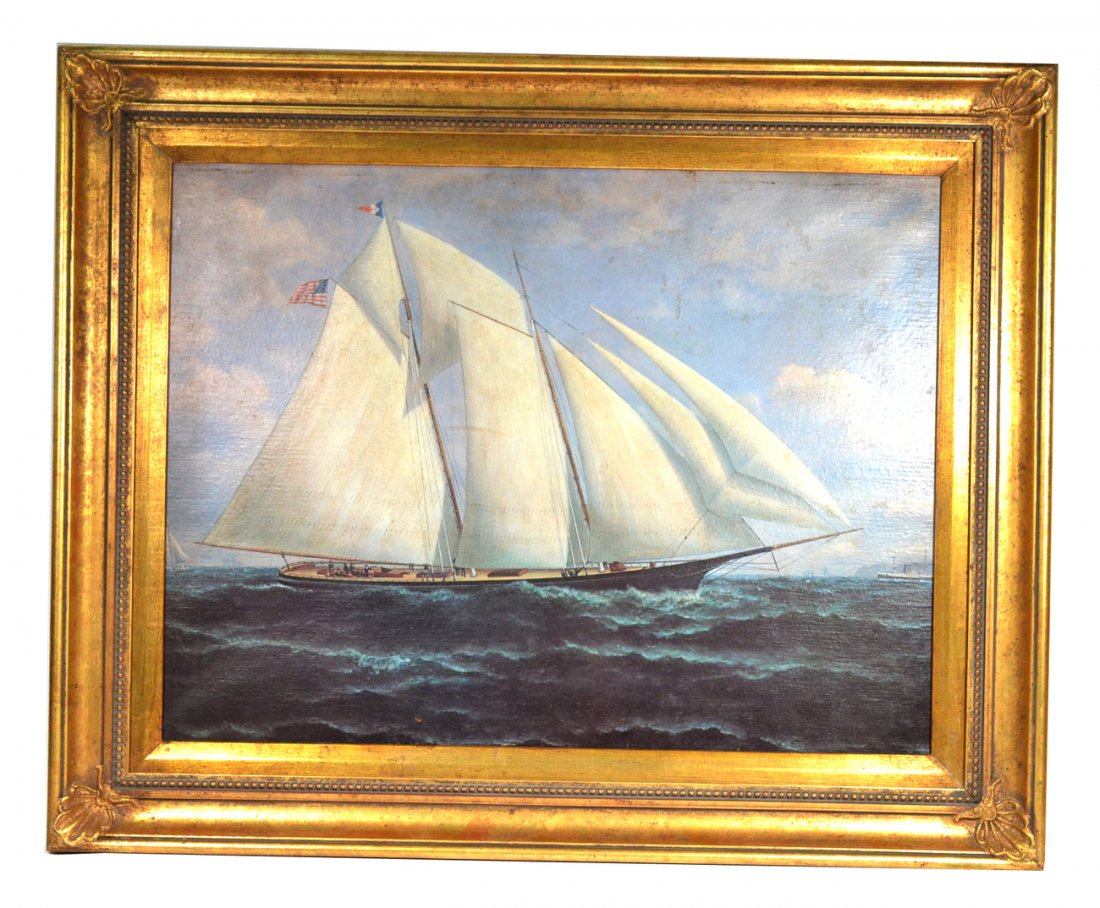 Offset Lithograph - Clipper Ship: Offset lithograph on canvas. Simulated painting depicting a 19th century clipper ship at sea with early steamship in background. [Image: 23 1/2" W x 17 3/4" H; Frame 29 1/4" W x 23 1/4" H]. Artificial