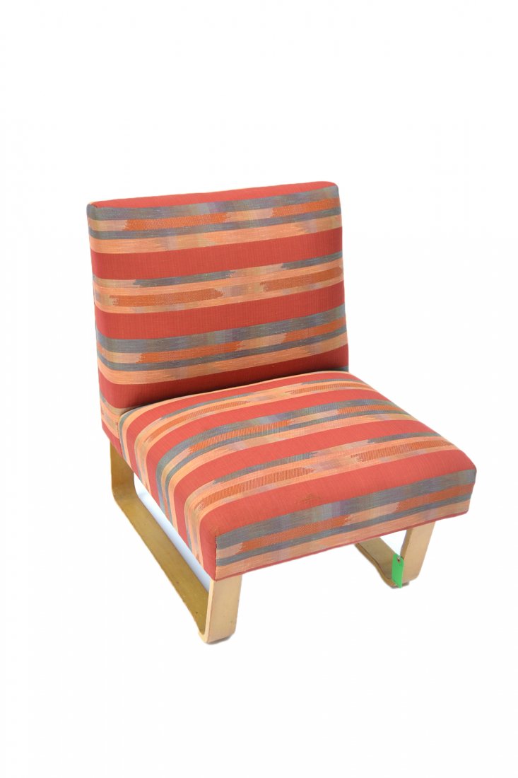 1940's Modern Lounge Chair: En suite with above Lot 342. Upholstered armless lounge chair with molded plywood base. In the manner of Alvar Aalto. [24 1/4" W x 30" D x 32" H]. Scuffs and scratches on base.