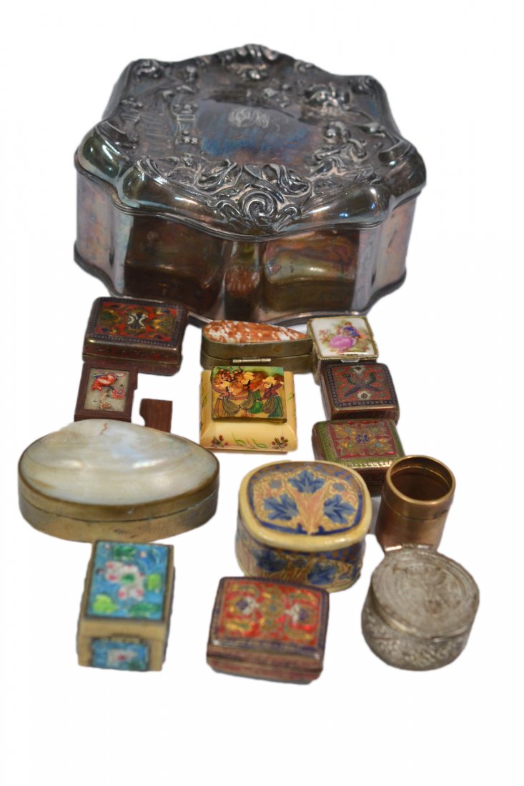 14 Decorative Boxes: Includes an Art Nouveau silver-plated jewelry box, and 13 various pill boxes. All sold "as is".