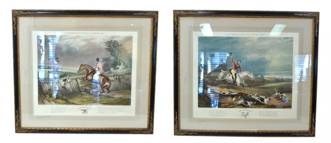 Two F. C. Turner Aquatints - Fox Hunting: Antique colored aquatint fox hunting scenes engraved by Charles Hunt after paintings by f. C. Turner. Two plates from the series "The Fox Chase" with title "A Southerly Wind...". [Images: 18 3/4" x 14
