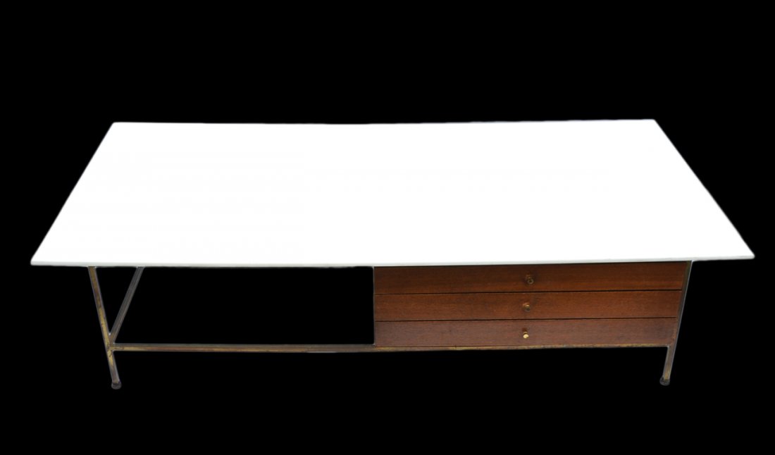 Paul McCobb for Calvin Coffee Table: Square stock brass top with three wood drawers and white acrylic rectangular top. Brass oxidized in areas. White replacement acrylic top. [66" W x 32" D x 16" H].