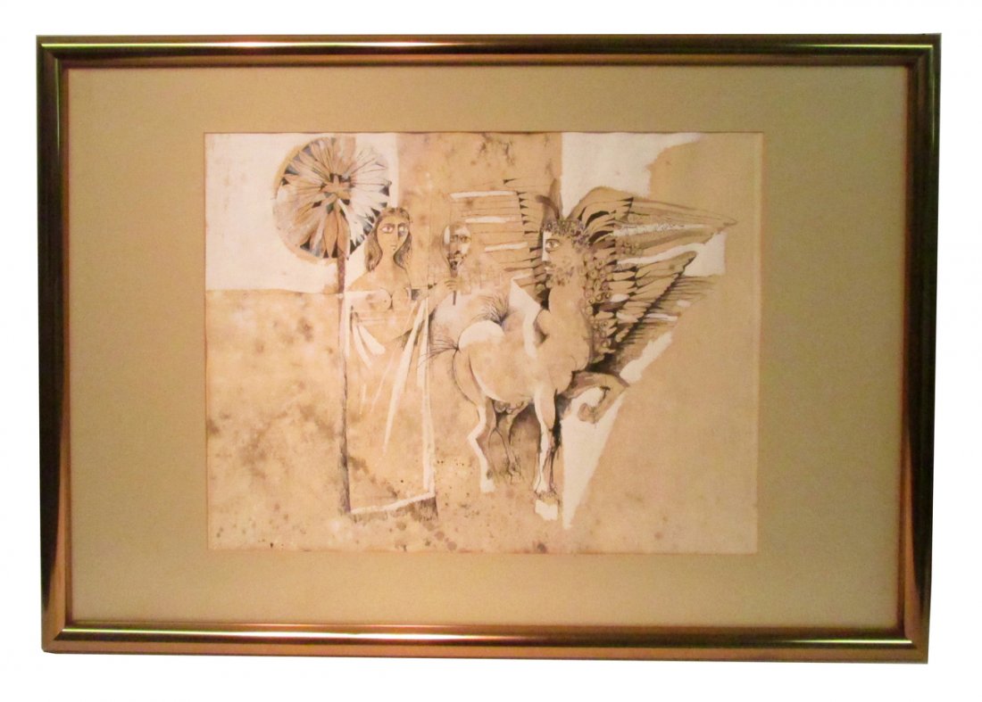 Modern Palestinian Mixed Media on Paper: Semi-abstract composition in ink, graphite, and gouache depicting the muslim winged centaur Al-Buraq standing beside a woman who holds a hand mirror to show hm his reflection. Unsigned. [Art: (sight)