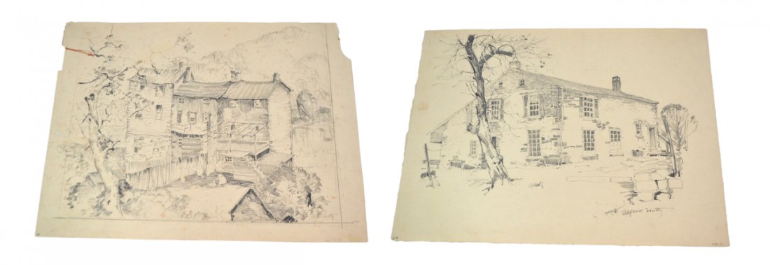 Alfred Heber Hutty, Two Pencil Drawings: Comprises: 1.) 3/4 view of a fieldstone farmhouse. Signed bottom right "Alfred Hutty". [Art: 13 3/4" x 10 1/8"; on sheet: 15 1/4" x 11 3/4"]. Age-toning, short margin tear at top left, and margin stai