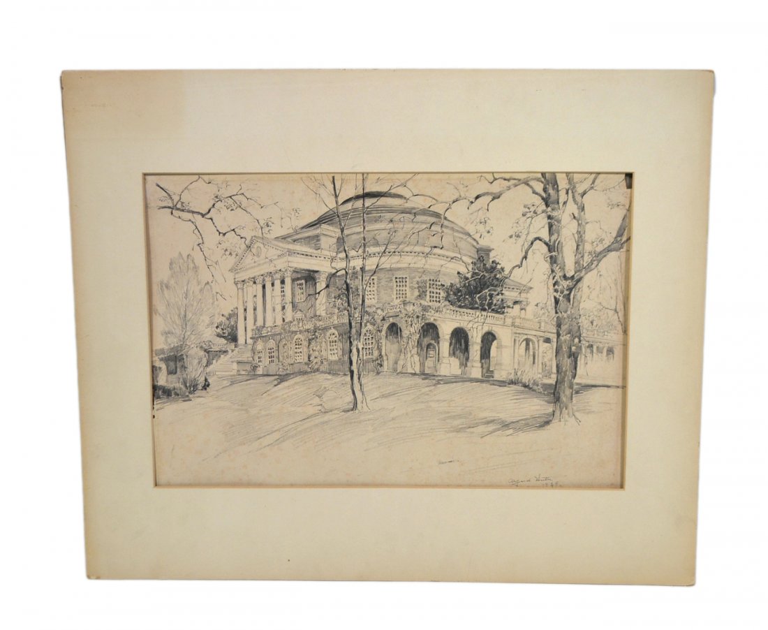 Alfred Heber Hutty, Pencil Drawing: Architectural rendering of President Jefferson's beloved home Monticello. Signed bottom right "Alfred Hutty" and dated "1929". [Art: 16 3/4" x 11"; on sheet: 18 1/4" x 12 1/4"]. Age-toning, three corn