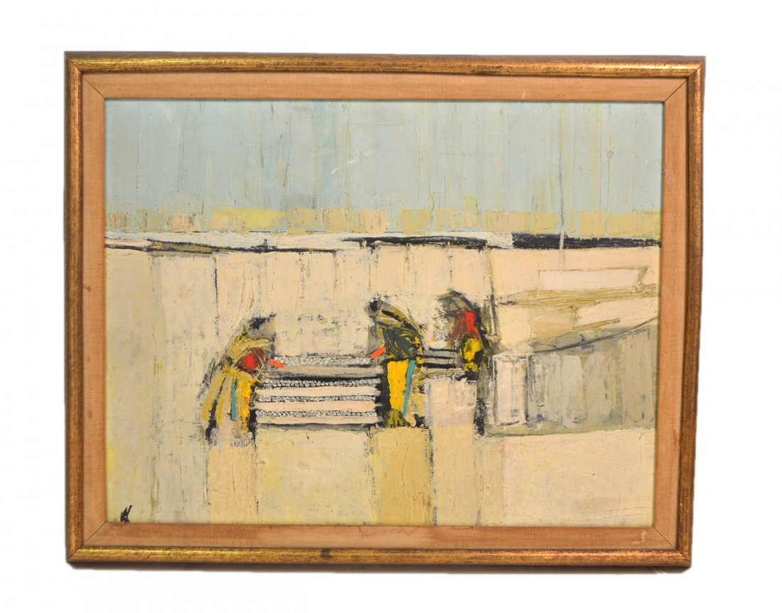 John Laurent "Oyster Workers": Framed oil on panel "Oyster Workers, Beach, Prat at Coum," with a Kraushaar Galleries NYC label. [Art: 13 7/8" x 18"; Frame: 20 1/4" x 16 1/2"]. Minor blemishes.