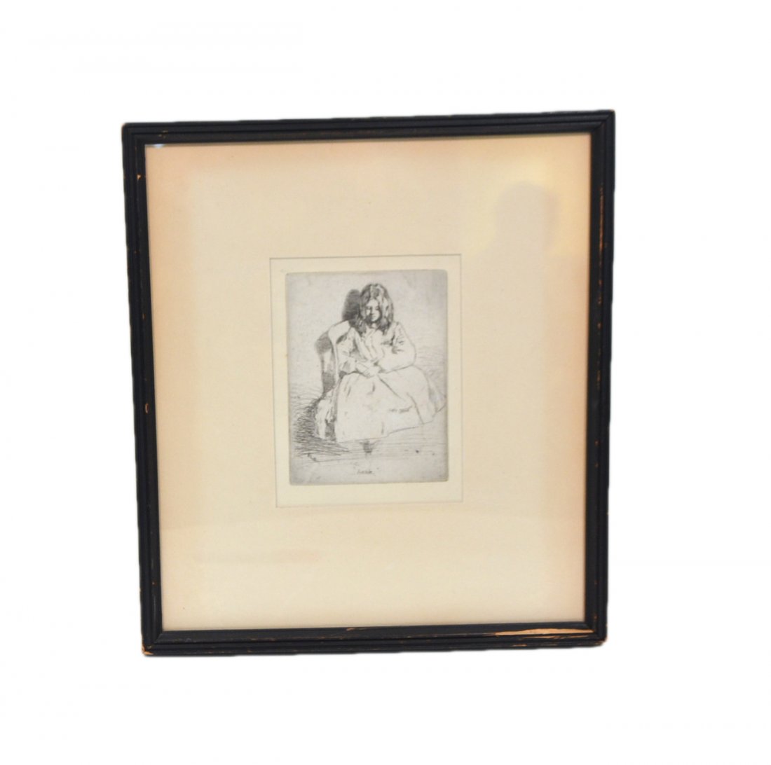 James A. McNeill Whistler "Annie": Framed etching of a seated girl titled: "Annie." Frederick Keppel & Co. Inc NYC label verso. In good condition.