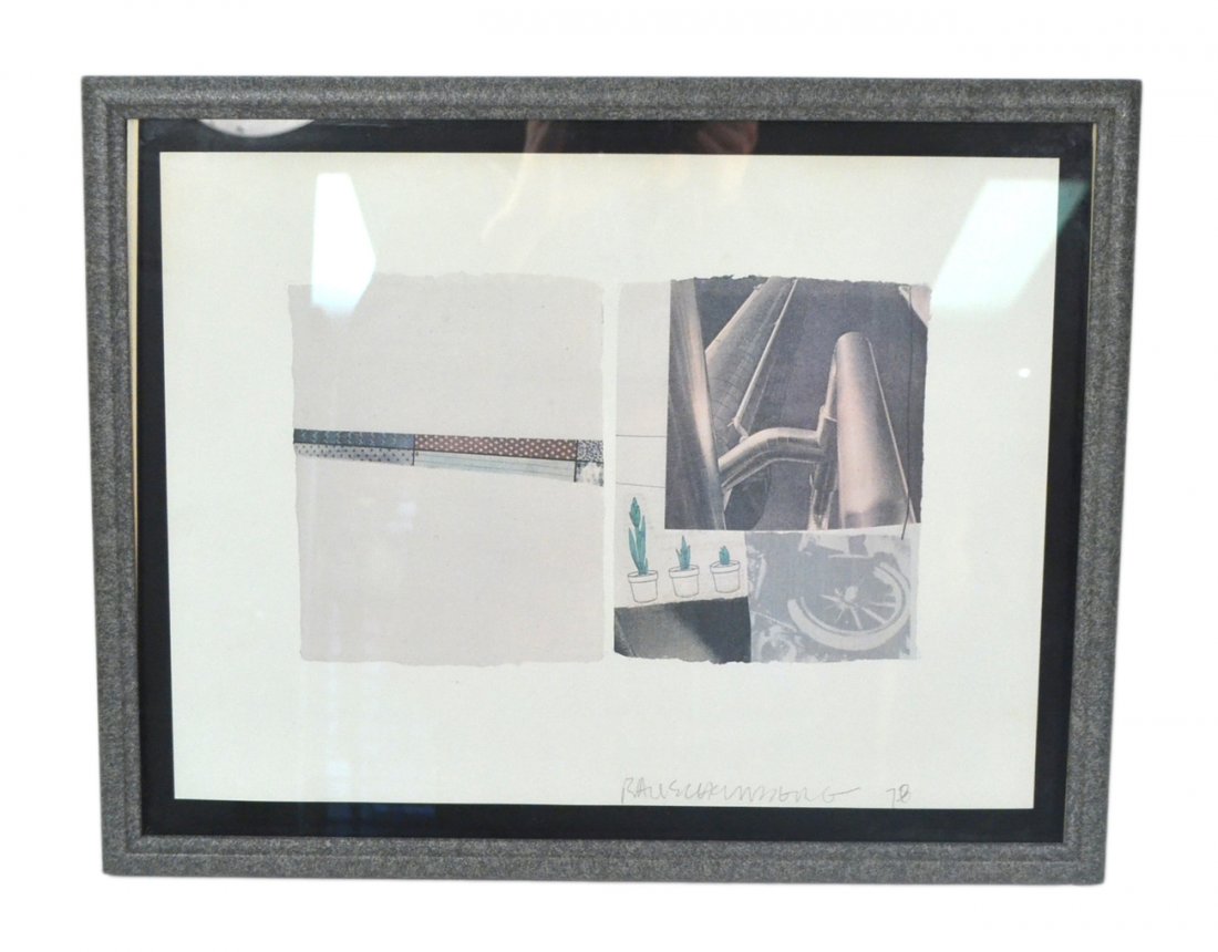 Robert Rauschenberg: Framed offset lithograph, abstract, collage style work. Signed and dated '78 lower right. [Art: 11" x 17"; Frame: 19" x 14" approx.].