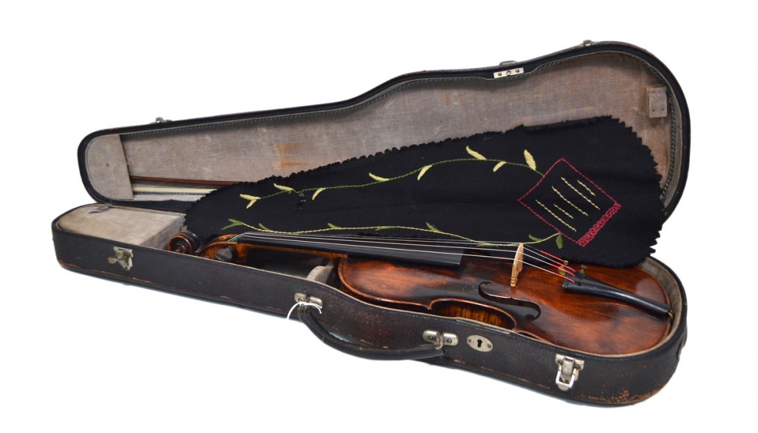 Antique Leopold Widhalm Violin: Full size violin (23 3/8" long) with spruce top, maple back and neck with ebony fingerboard (no chin rest). Bass bar and sound post both intact. Interior bears printed paper label: "Leopold Widhalm La