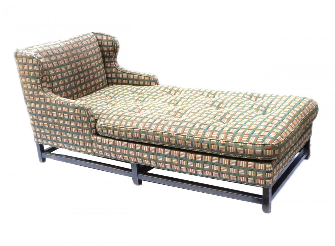 Modern Chaise Lounge: Modern wing chair style chaise lounge with stained walnut legs and cross-stretchers. [36 1/2" W x 78" D x 37" H; 18 1/2" high to seat]. Some scuffs and scratches to exposed wood, otherwise complete.