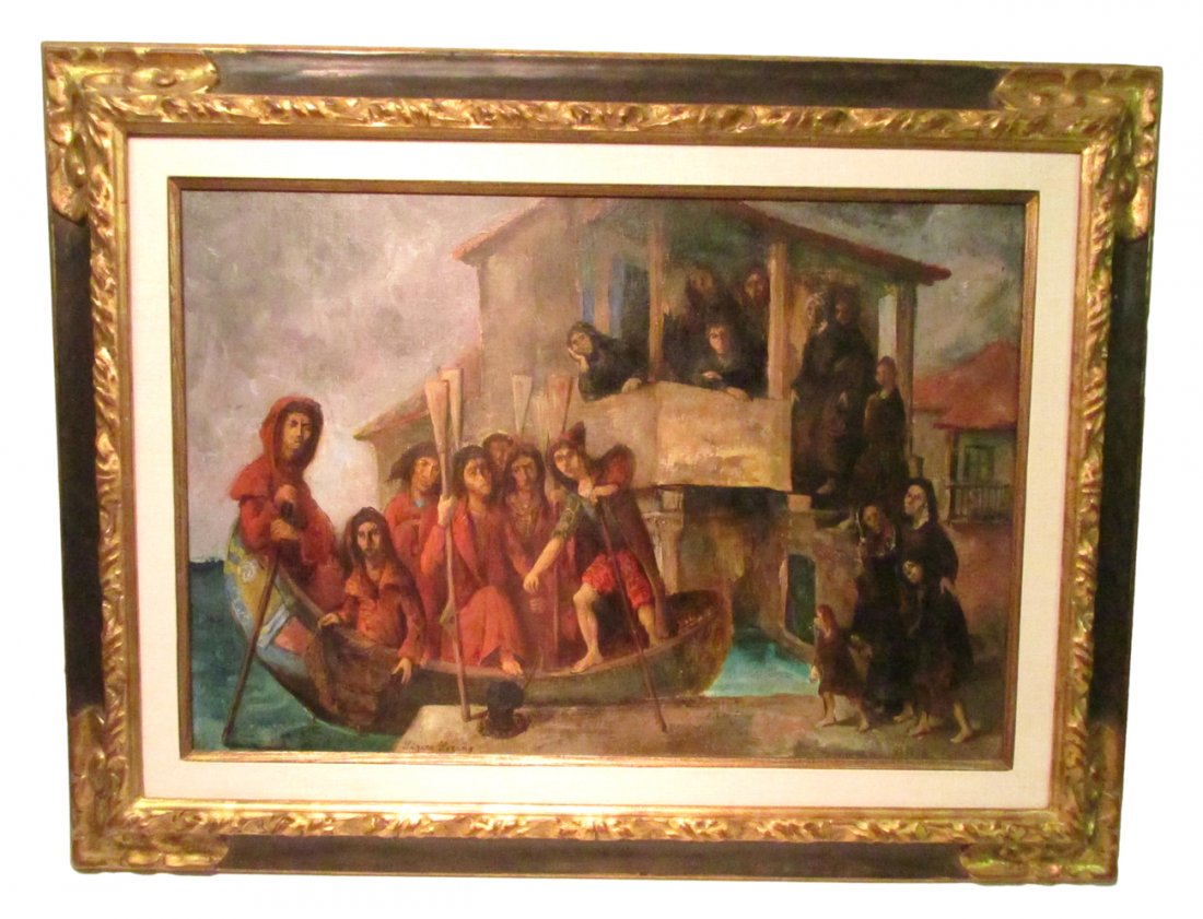 Lazaro Lozano, Oil on Canvas, Fisherman: Oil on canvas of an allegorical scene with fisherman. Stylized scene with seven cloaked figures in boat at dock with women and children looking on. Signed bottom left "Lazaro Lozano". [Art: 28 1/8" x 