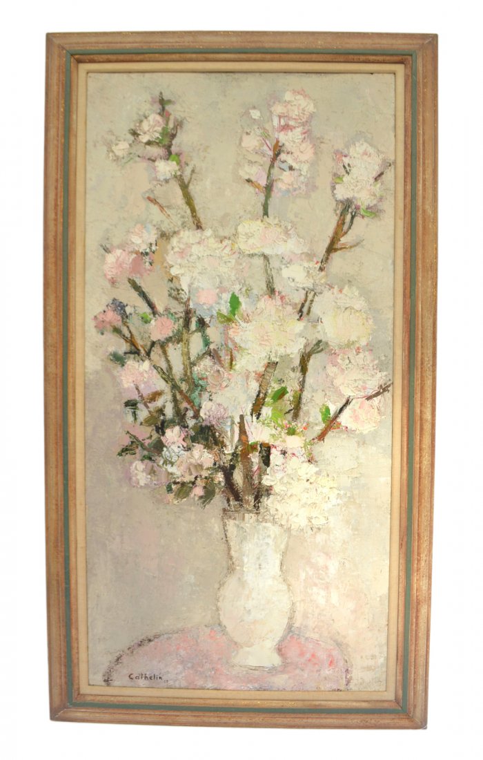 Bernard Cathelin - "Branches de Pommier": Framed oil on canvas depicting apple blossoms in a white vase. Bears "David B. Findlay Gallery" label. Thick impasto on canvas in good condition with light craquelure. [Art: 54 1/2" x 26 1/2"; Frame: