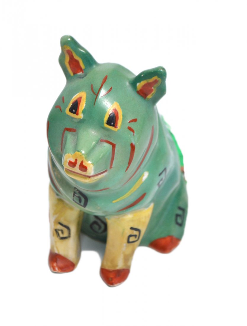 Louis Wain Ceramic Pig Spill Vase: Depicts a whimsical figure of a seated pig, with opening for spills. Signed on back, impressed registration marker "Made in England" on base. [4 1/2" H]. Wear to glaze but overall good condition.