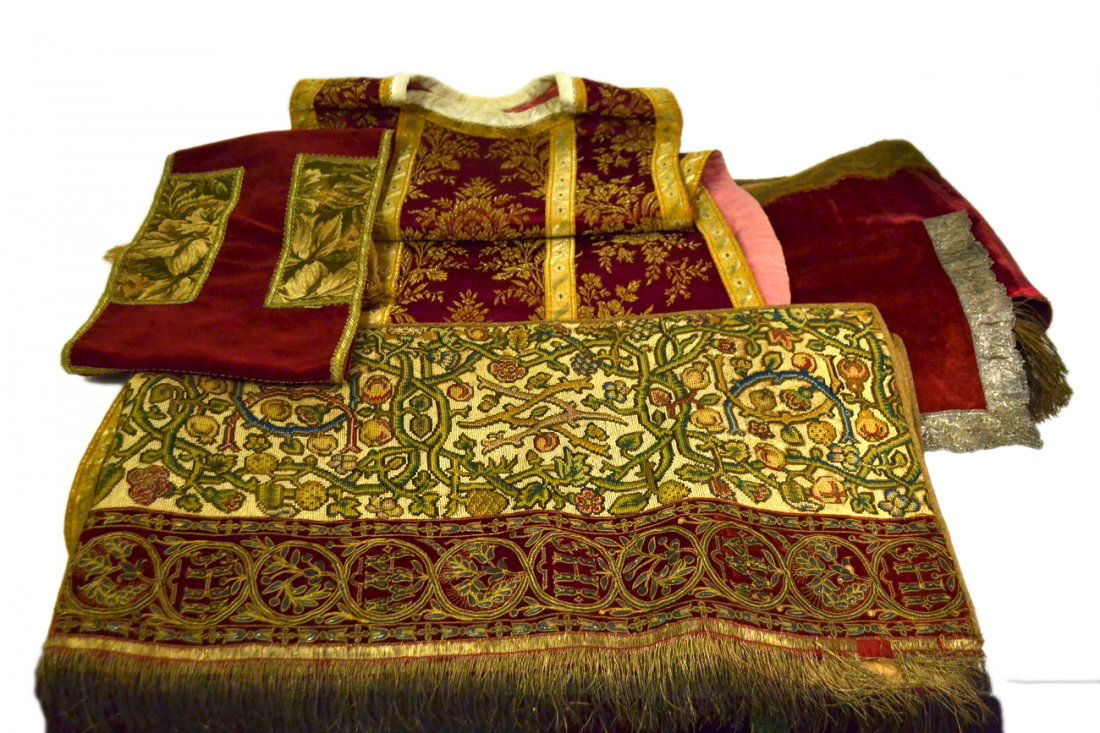 Antique and Vintage Velvet Textiles: Includes table runners and liturgical vestments. [Sizes from 21" x 12 1/2" to 18" x 92"]. 12 items. Accompanied by 7 assorted non-velvet others. Conditions vary, all sold together "as is". 19 textiles